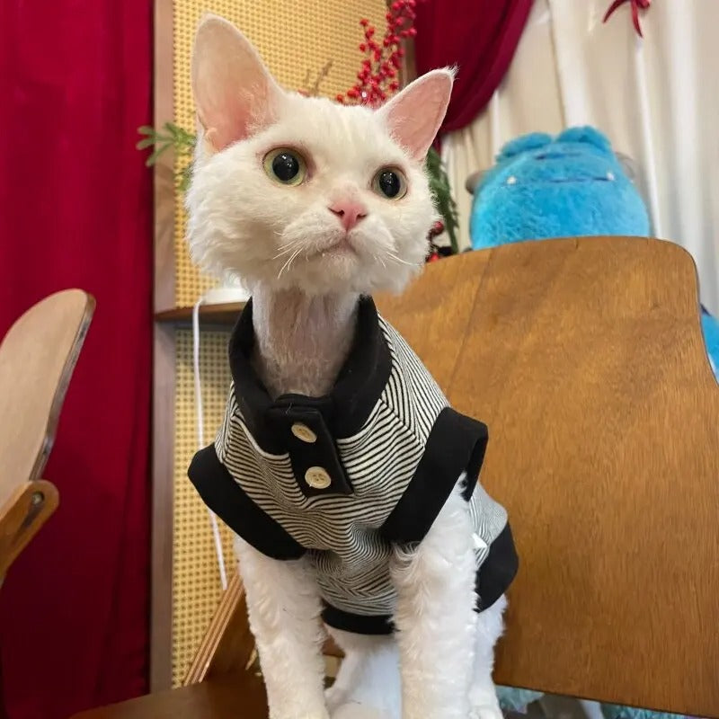 Sphynx Cat Spring Soft Sleeveless T-Shirt, Black and White Striped Fashion Apparel
