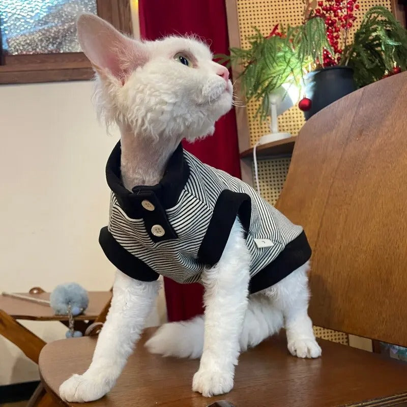 Sphynx Cat Spring Soft Sleeveless T-Shirt, Black and White Striped Fashion Apparel